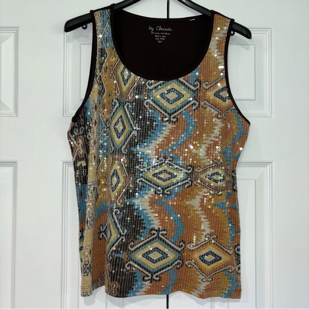 Chico's Soft Cotton Modal Aztec Motif Shimmering Sequined Tank Top Women's Sz S